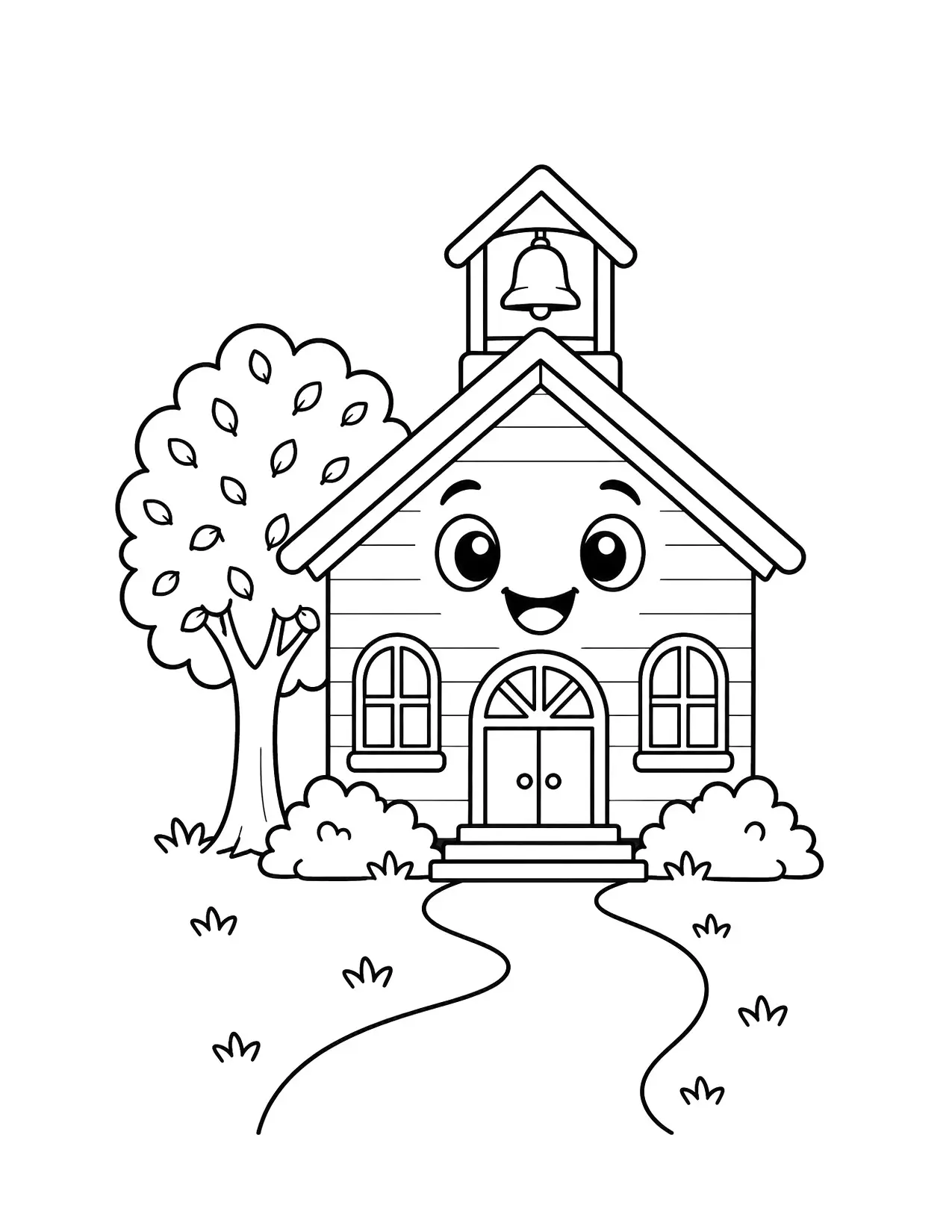 Back to school coloring page of a little schoolhouse with a bell tower, a tree and a path