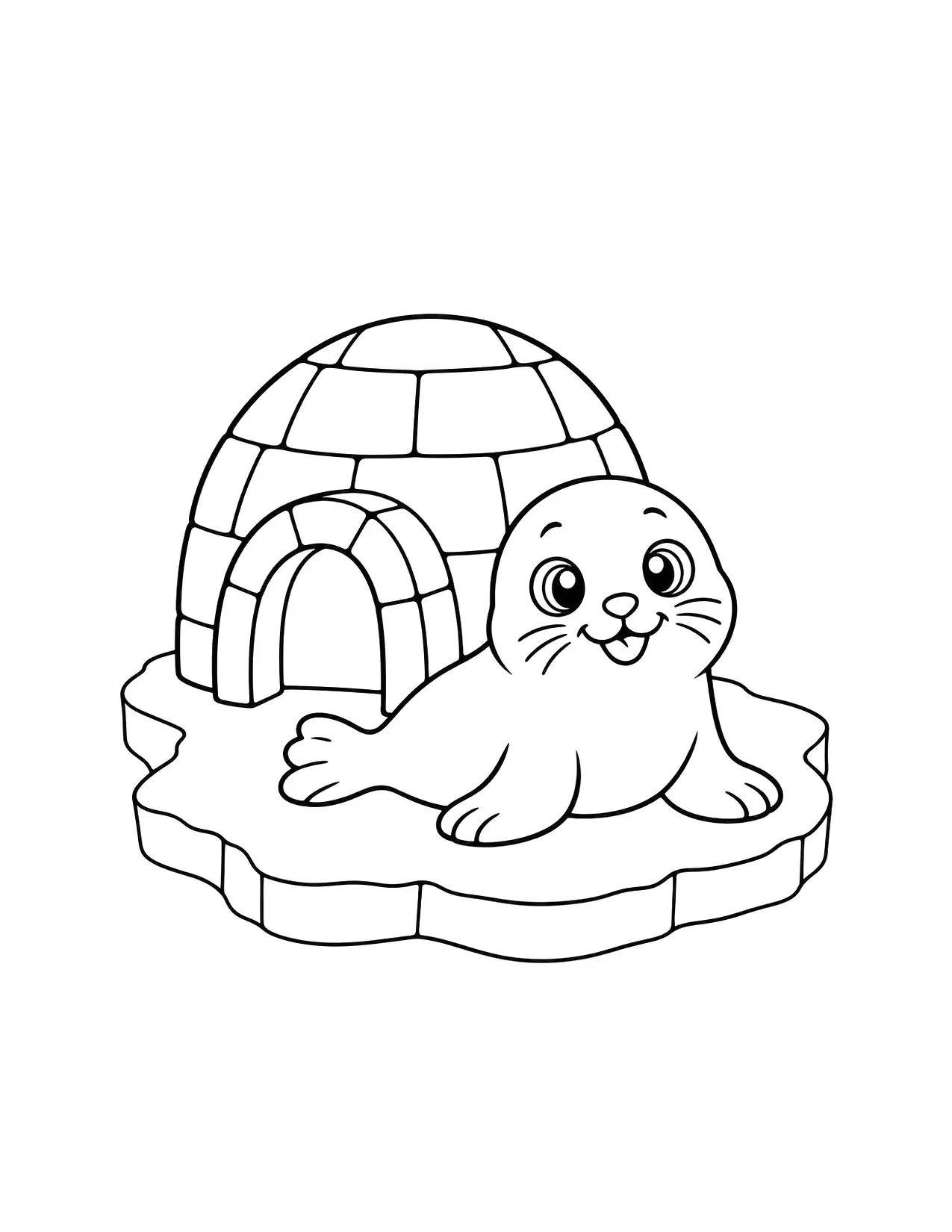 Winter coloring page of a baby seal next to an igloo