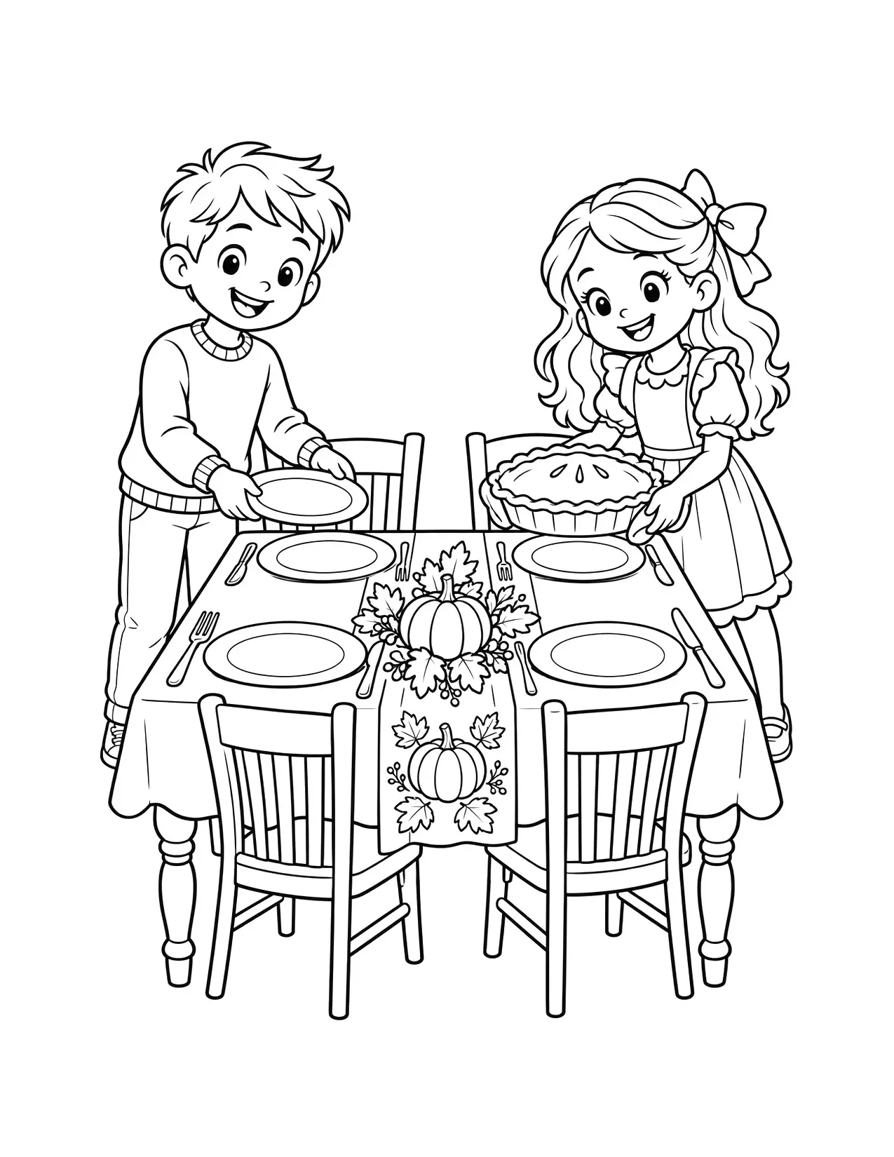 Thanksgiving coloring page of two children setting the dinner table