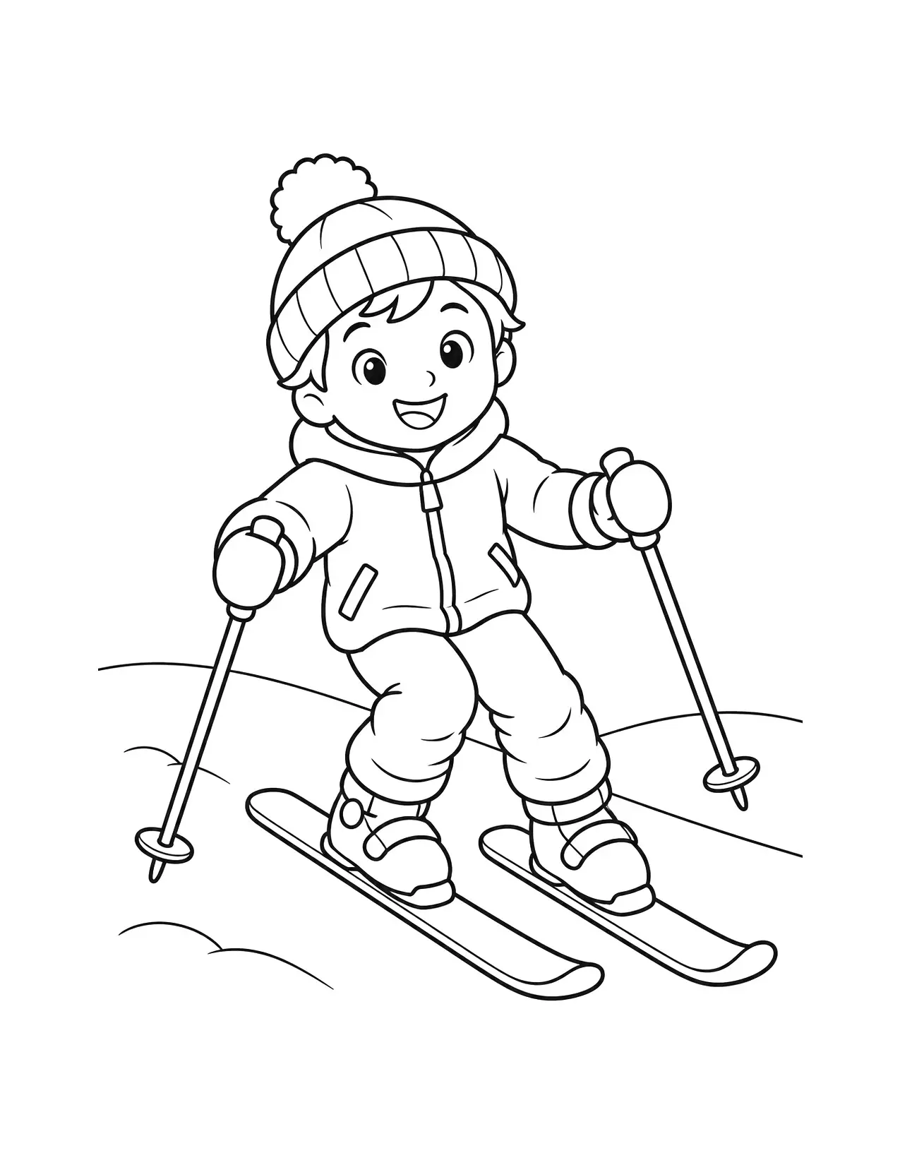Winter coloring page of a happy child skiing down a snowy hill