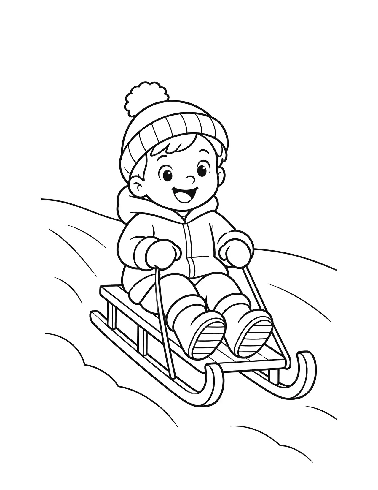 Winter coloring page of a child riding a sled down a snowy hill