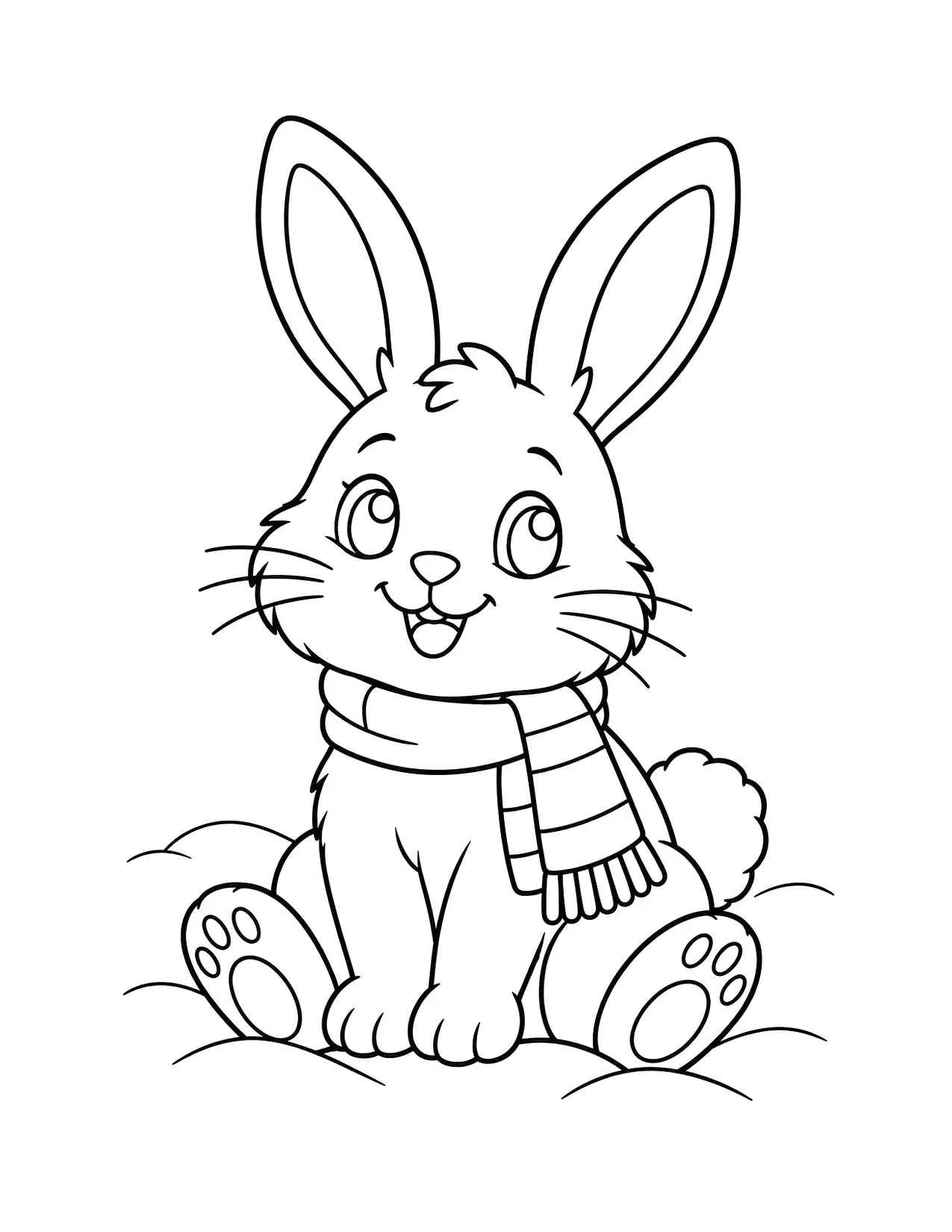 Winter coloring page of a cute bunny in a scarf sitting in the snow