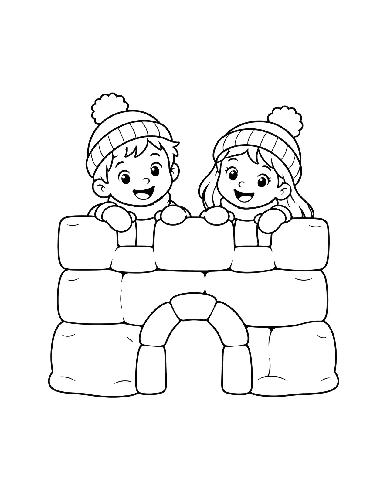 Winter coloring page of two children peeking over a snow fort