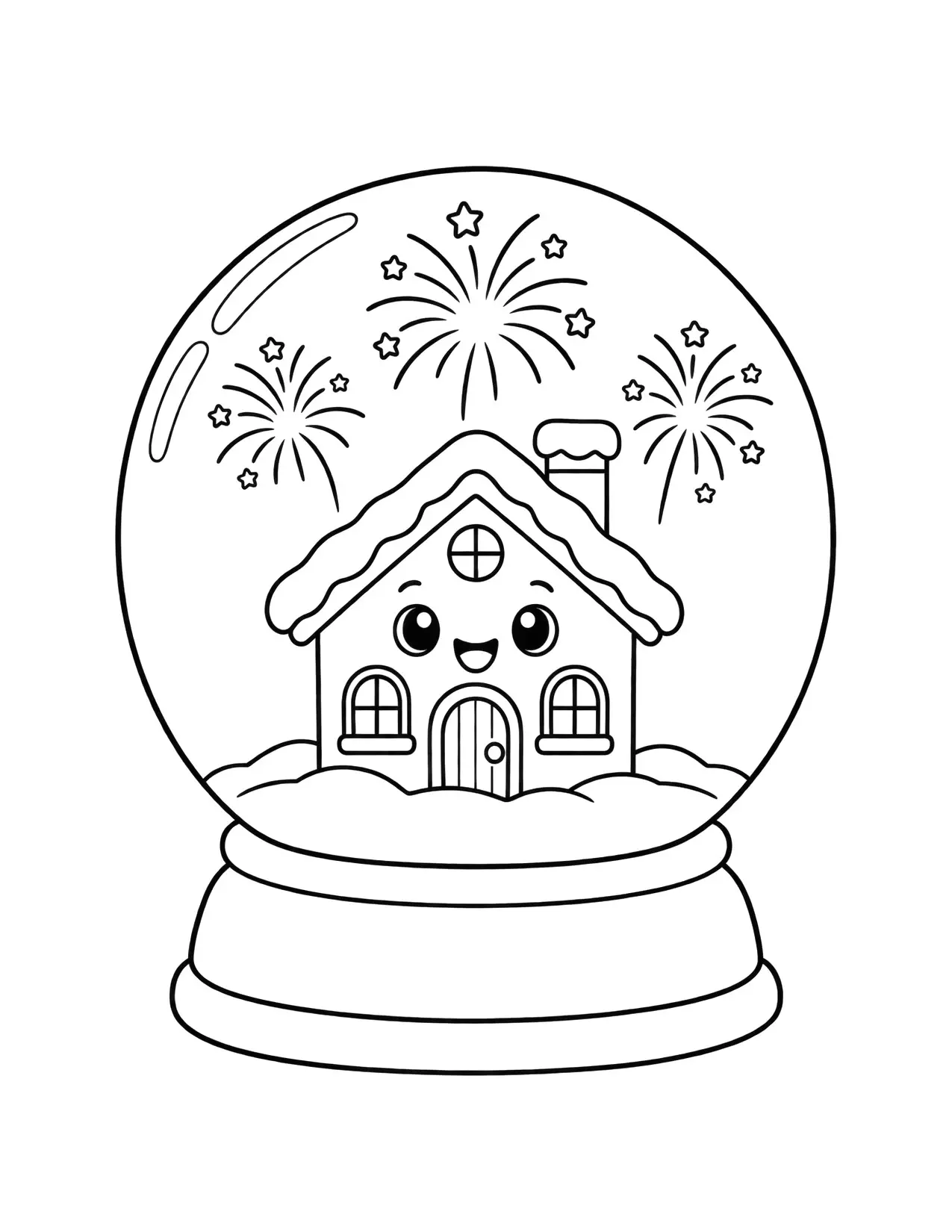 New Year coloring page of a snow globe with a little house and fireworks