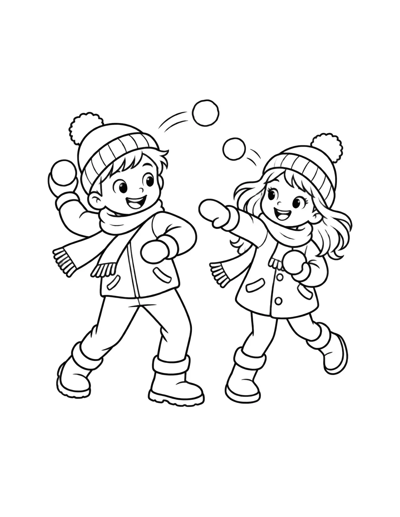 Winter coloring page of two children having a snowball fight