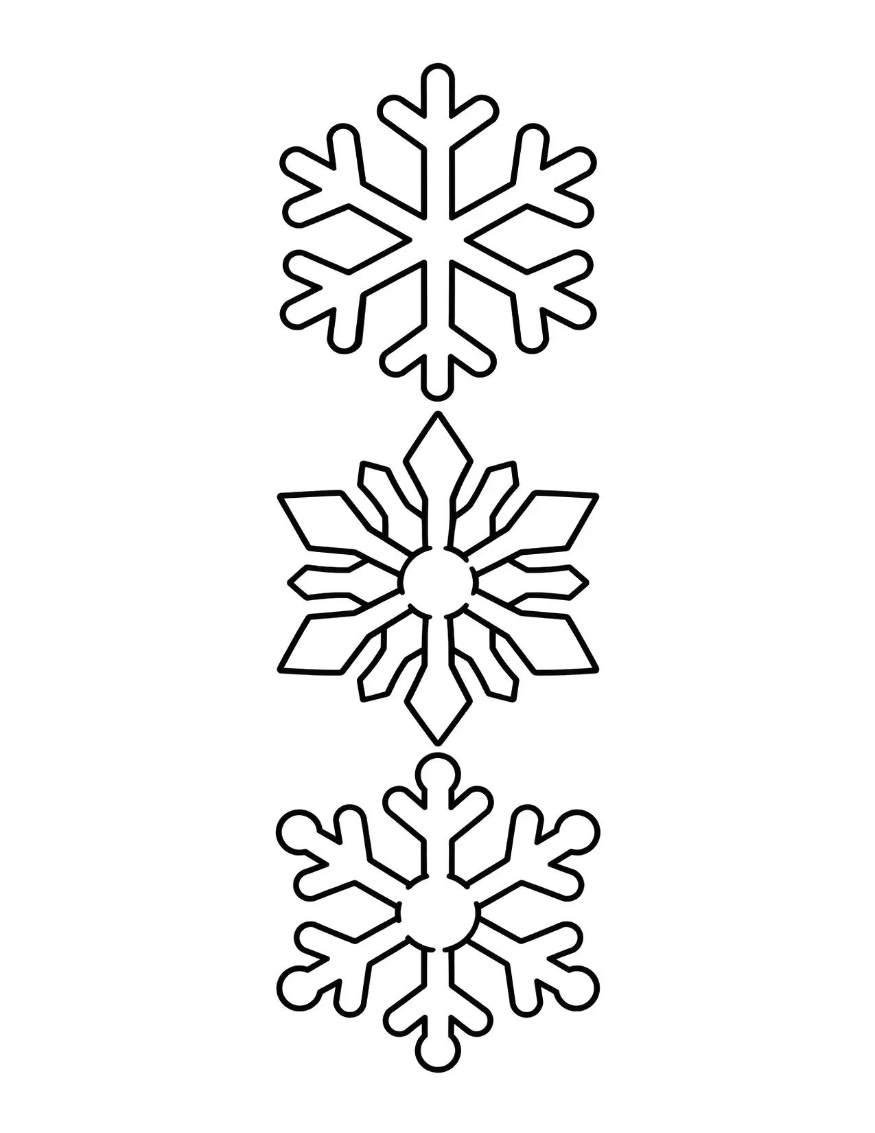 Winter coloring page of three big snowflakes
