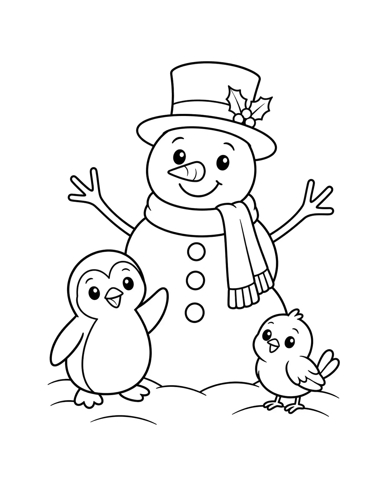 Snowman coloring page with a snowman, a penguin and a bird in the snow