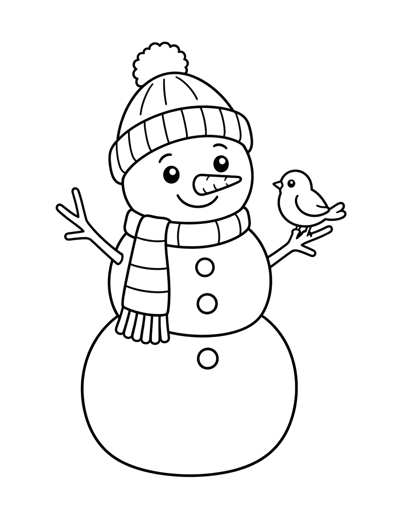 Snowman coloring page with a snowman in a knit hat and a little bird on its arm