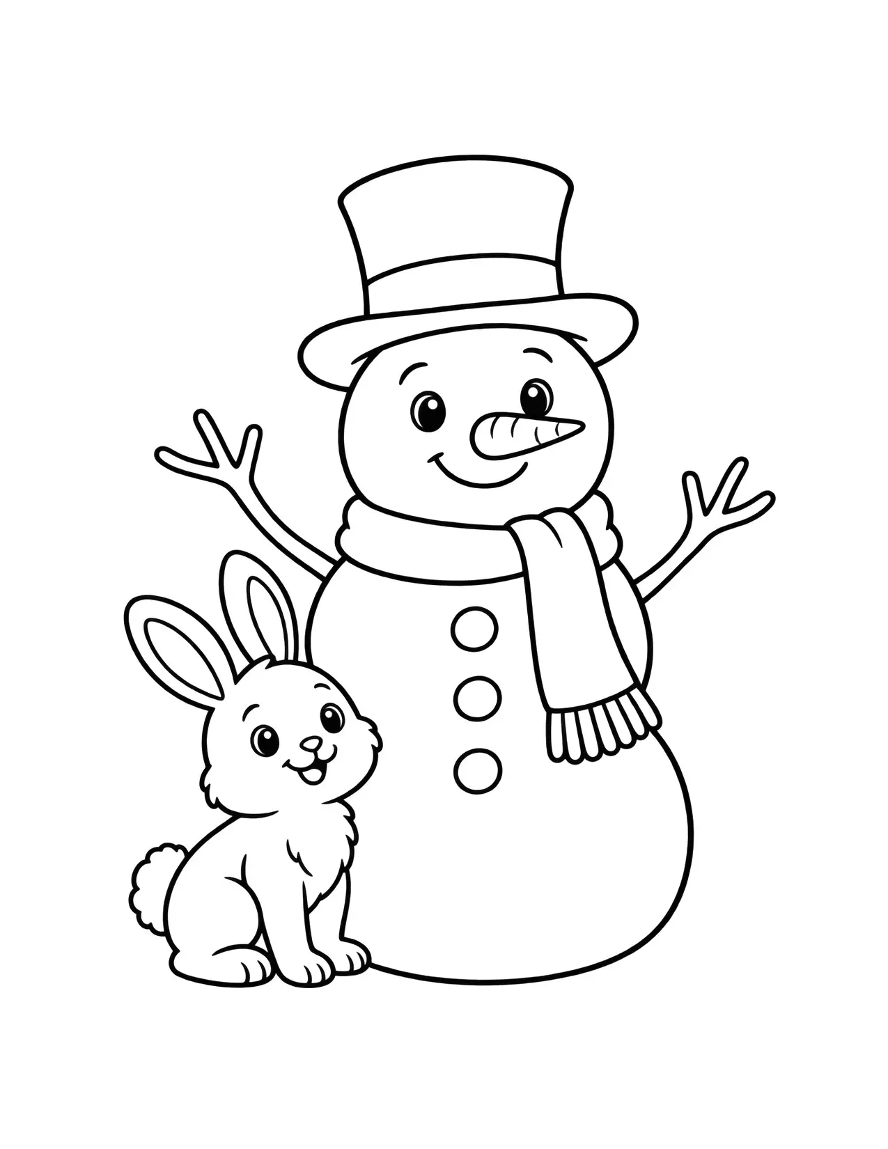 Snowman coloring page with a snowman in a top hat and a little bunny