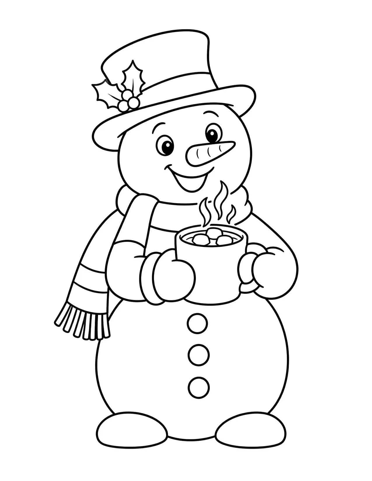 Snowman coloring page with a snowman holding a mug of hot cocoa