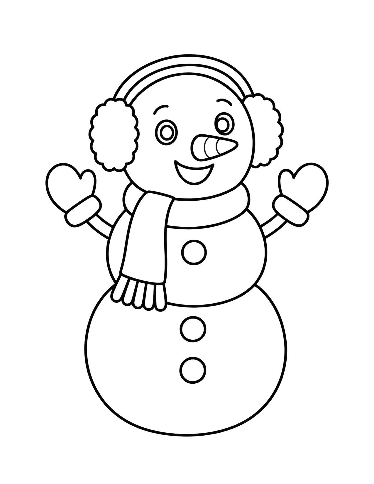 Snowman coloring page with a cute snowman in earmuffs and mittens