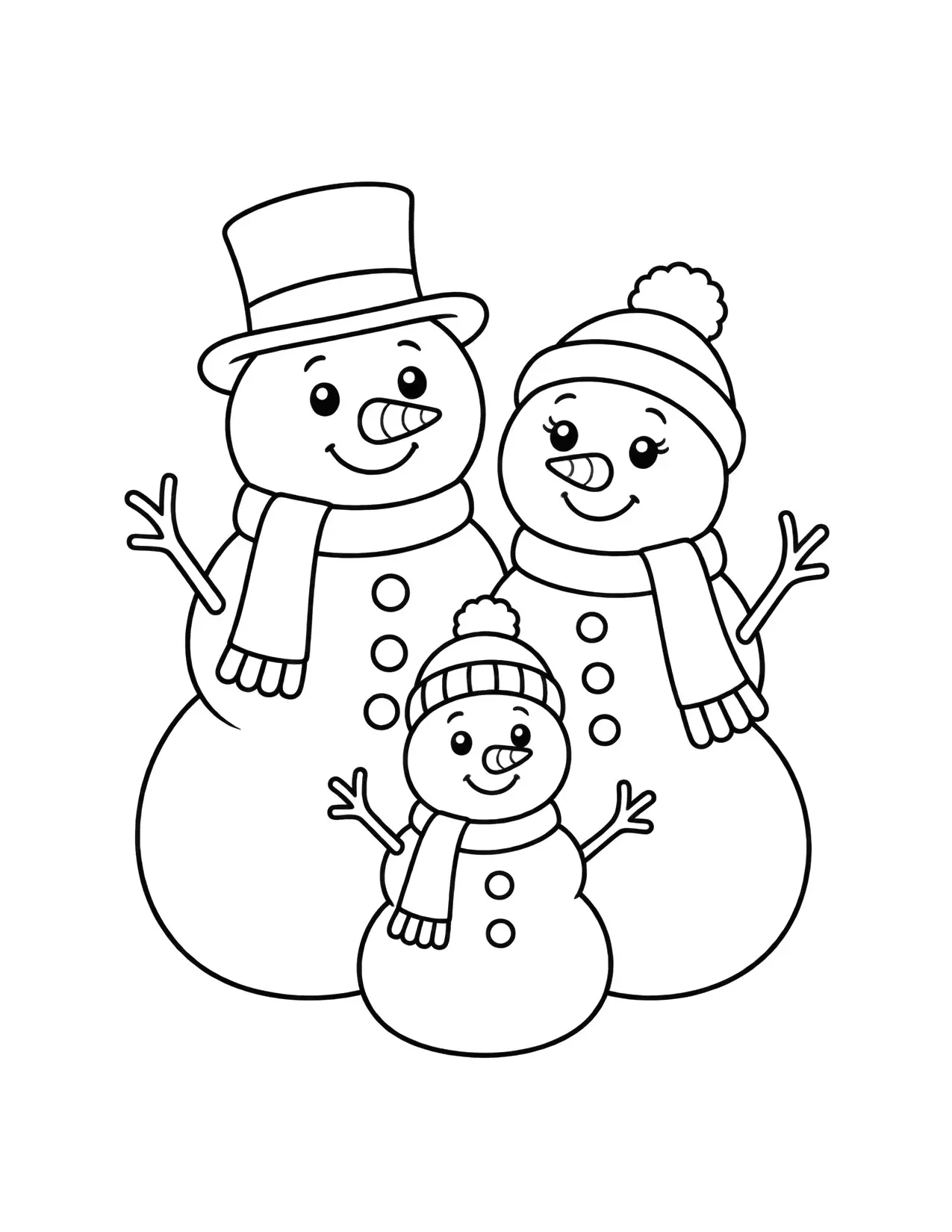 Snowman coloring page with a snowman family in hats and scarves
