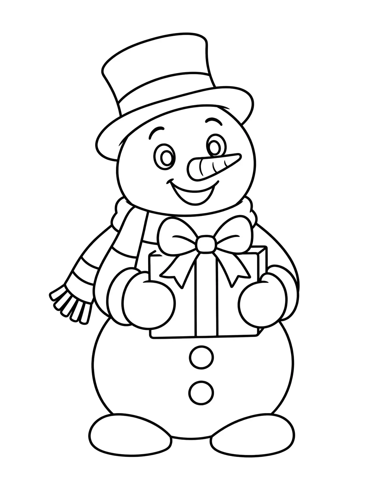 Snowman coloring page with a snowman holding a wrapped present