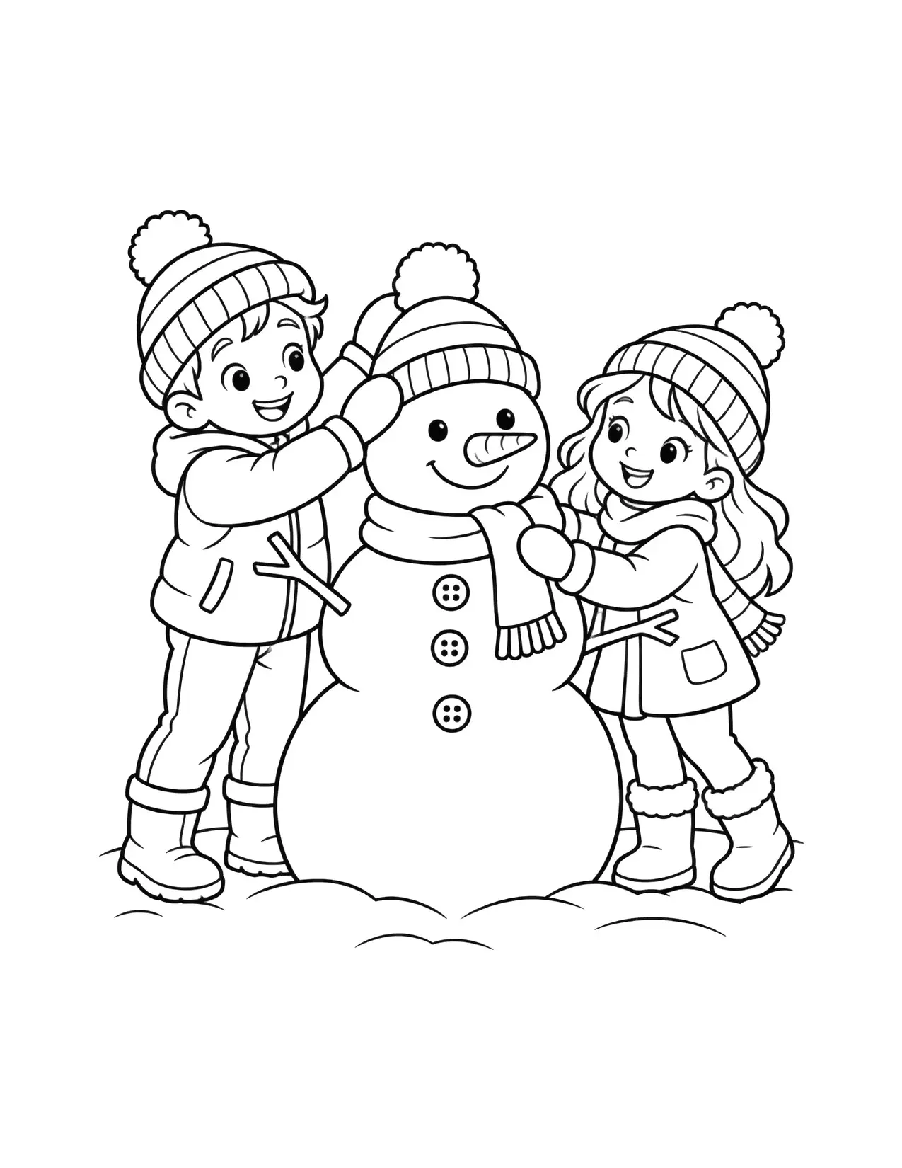 Snowman coloring page with two children building a snowman