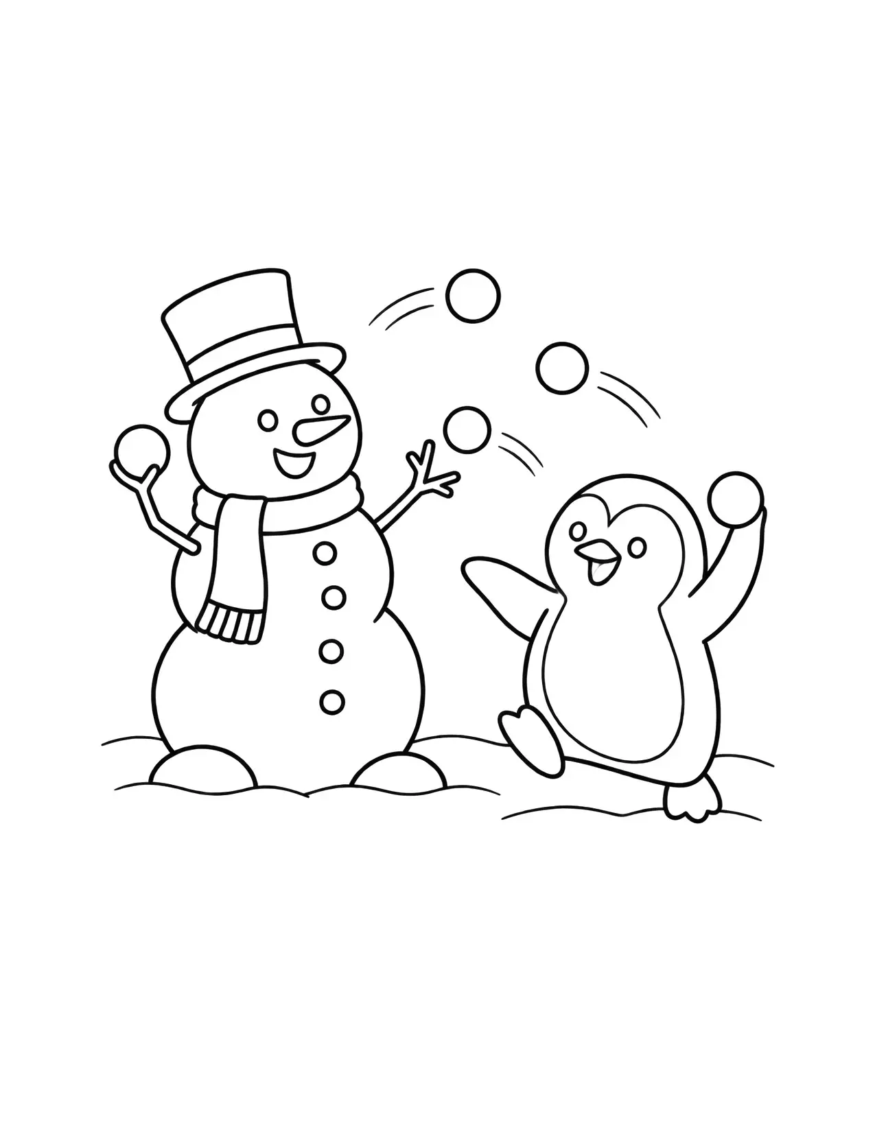 Snowman coloring page with a snowman and a penguin having a snowball fight