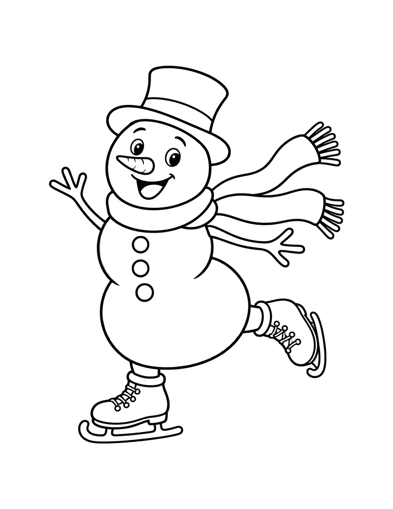 Snowman coloring page with a happy snowman ice skating in a long scarf