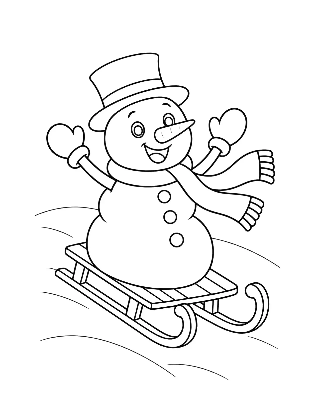 Snowman coloring page with a snowman riding a sled down a snowy hill
