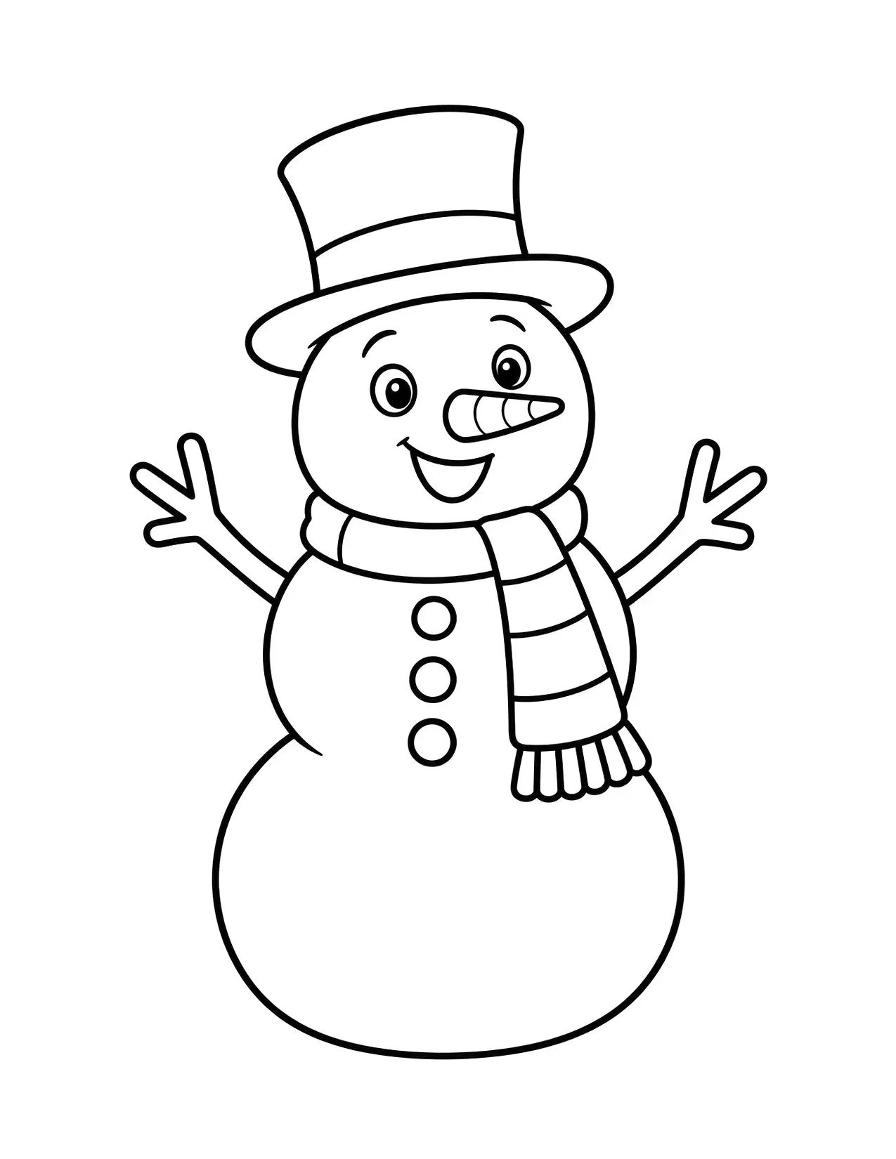 Snowman coloring page with a happy snowman in a top hat