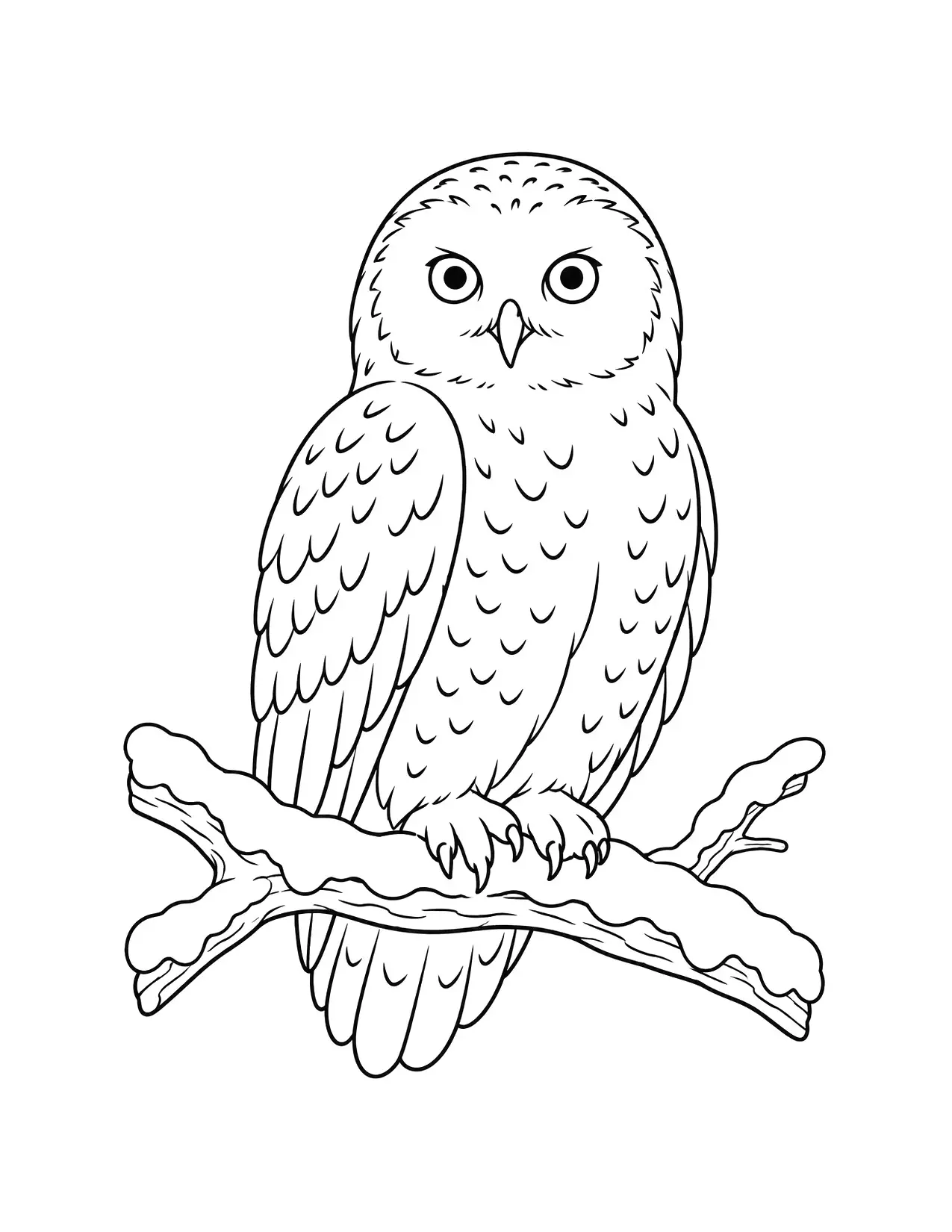 Winter coloring page of a snowy owl on a snowy branch