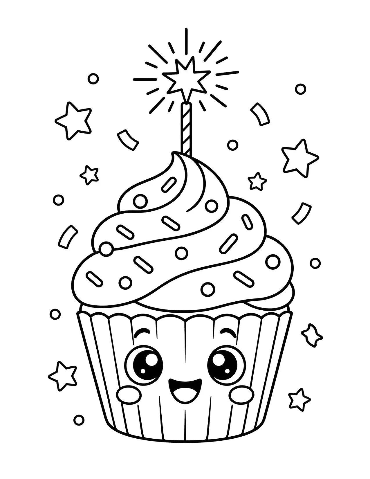 New Year coloring page of a cupcake with a sparkler candle and confetti