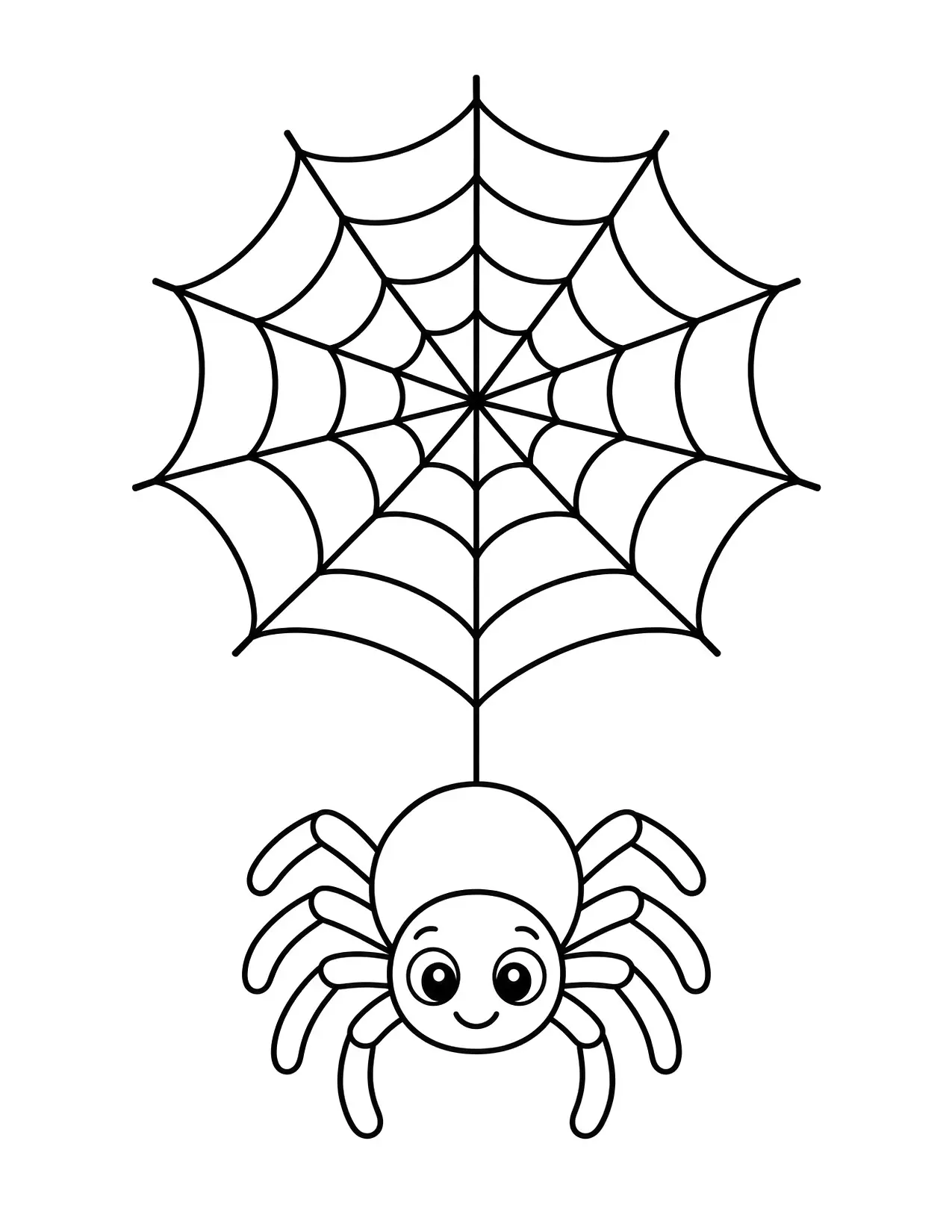 Halloween coloring page of a smiling spider hanging from a big web