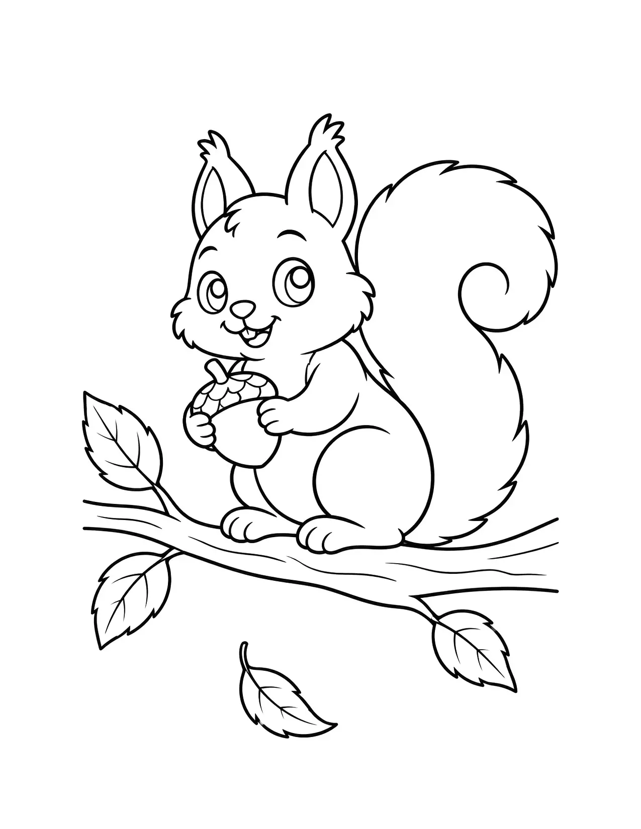 Fall coloring page of a cute squirrel holding an acorn on a branch