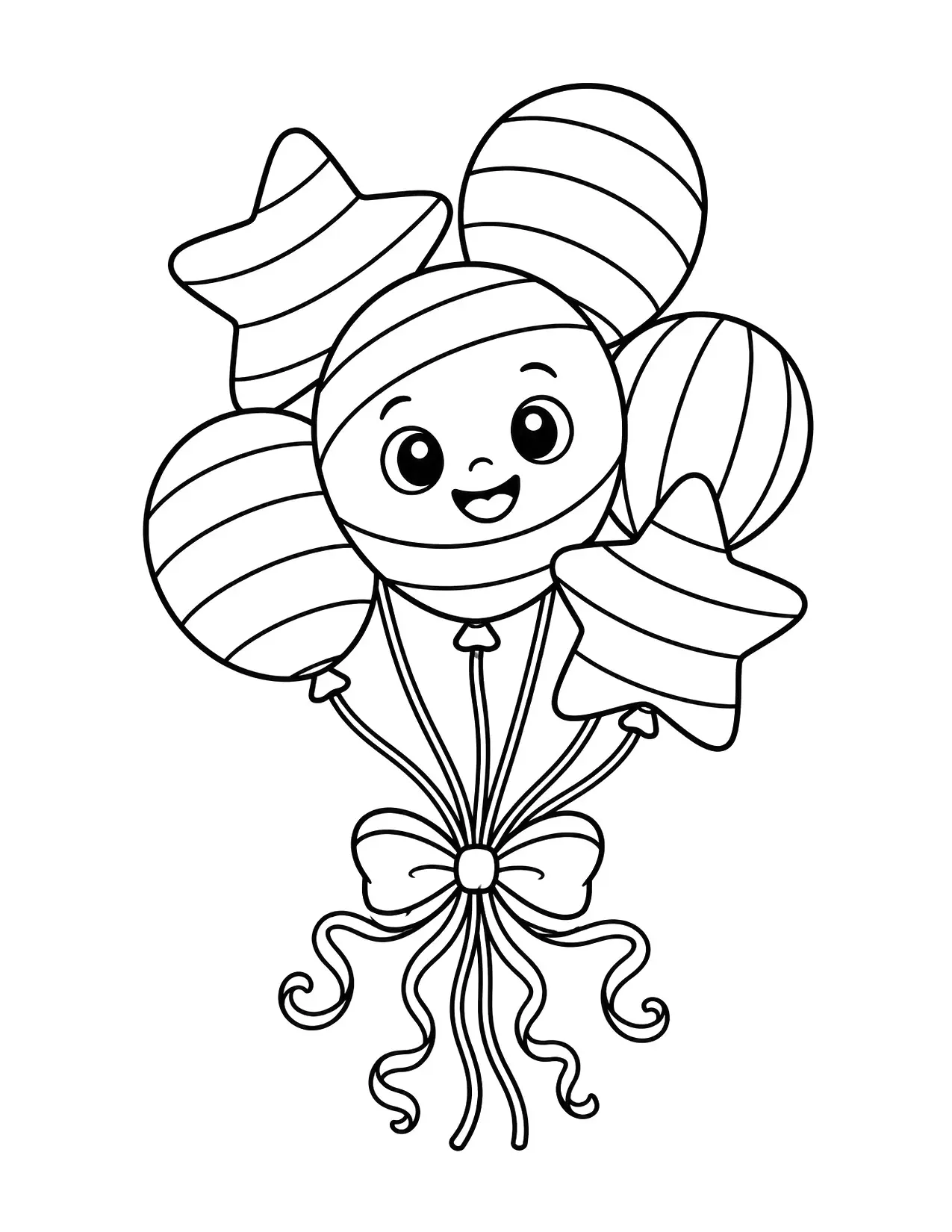 4th of July coloring page of a bunch of round and star-shaped balloons with stripes