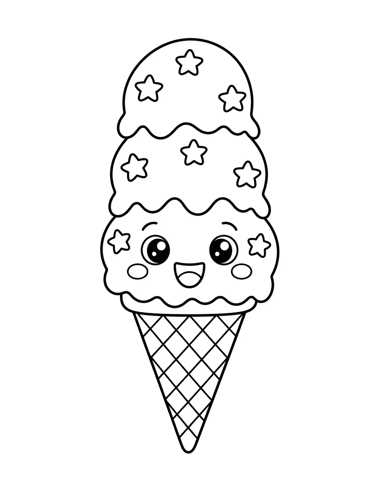 4th of July coloring page of an ice cream cone with three scoops and star sprinkles