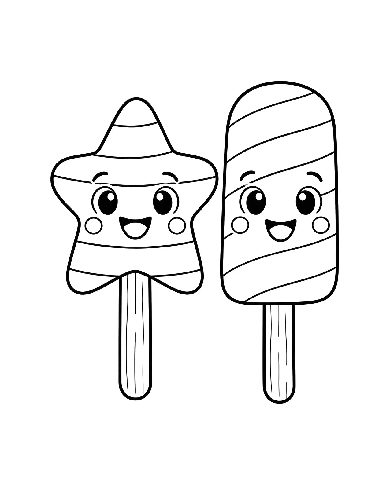 4th of July coloring page of a star-shaped popsicle and a striped popsicle with smiling faces