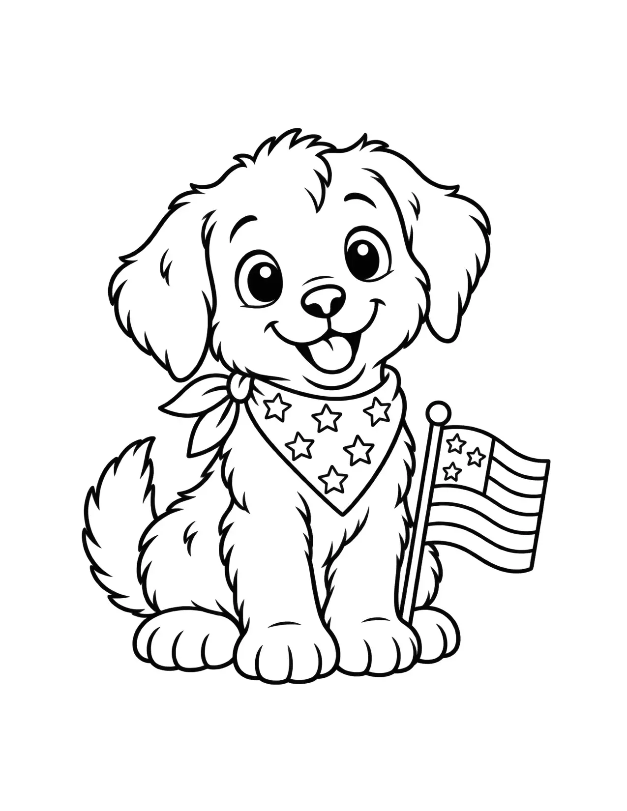 4th of July coloring page of a happy puppy in a star bandana sitting next to a flag