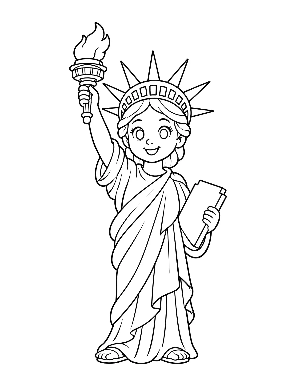 4th of July coloring page of a smiling cartoon Statue of Liberty holding up her torch