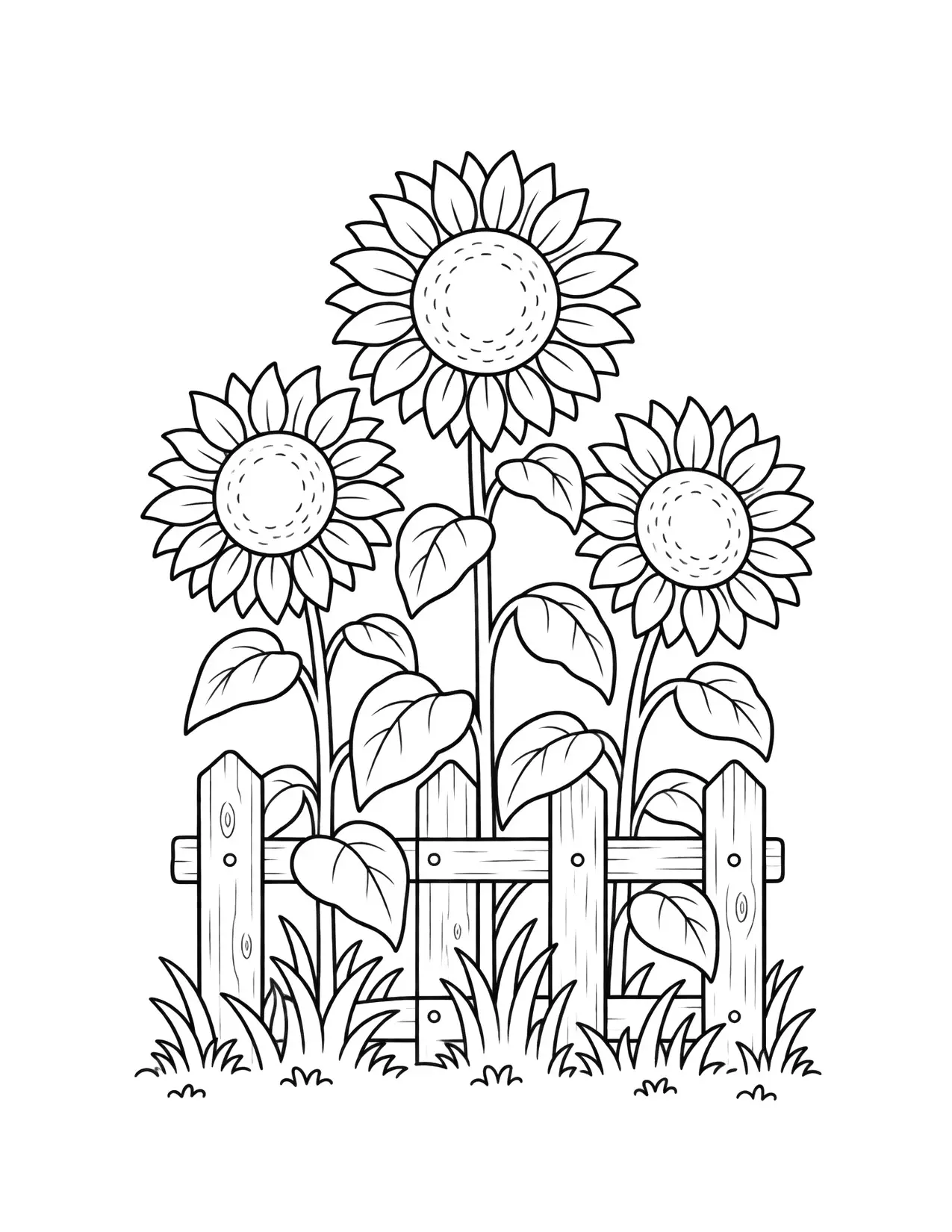 Fall coloring page of sunflowers by a wooden fence