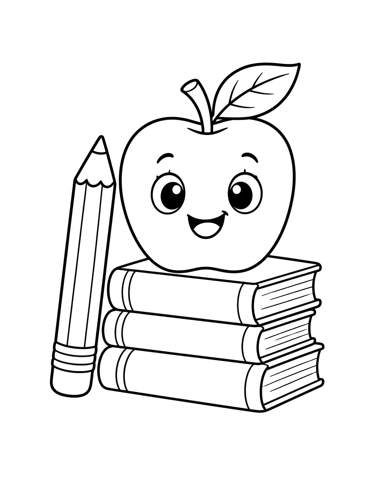 Back to school coloring page of a smiling apple next to a pencil and a stack of books
