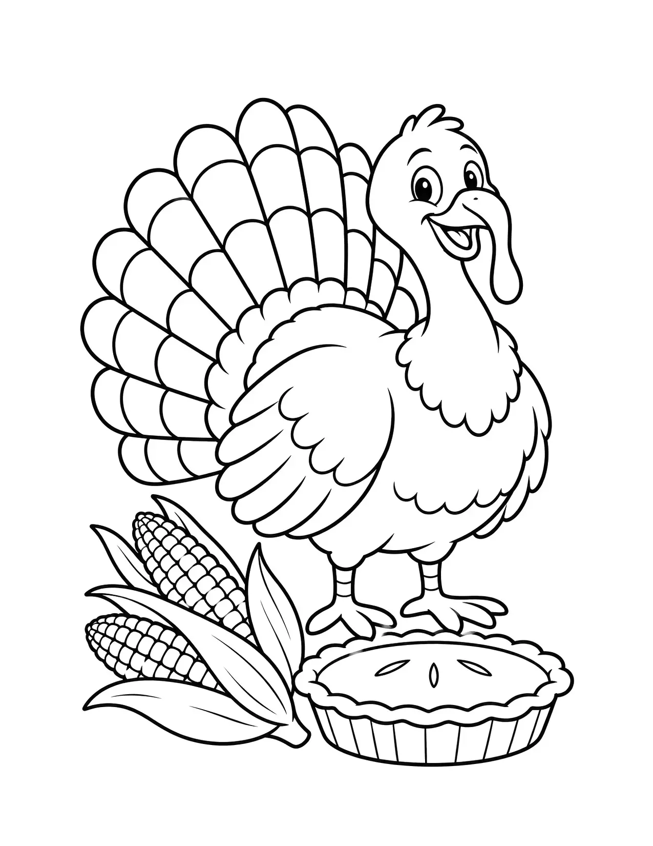 Thanksgiving coloring page with a turkey, corn and a pie