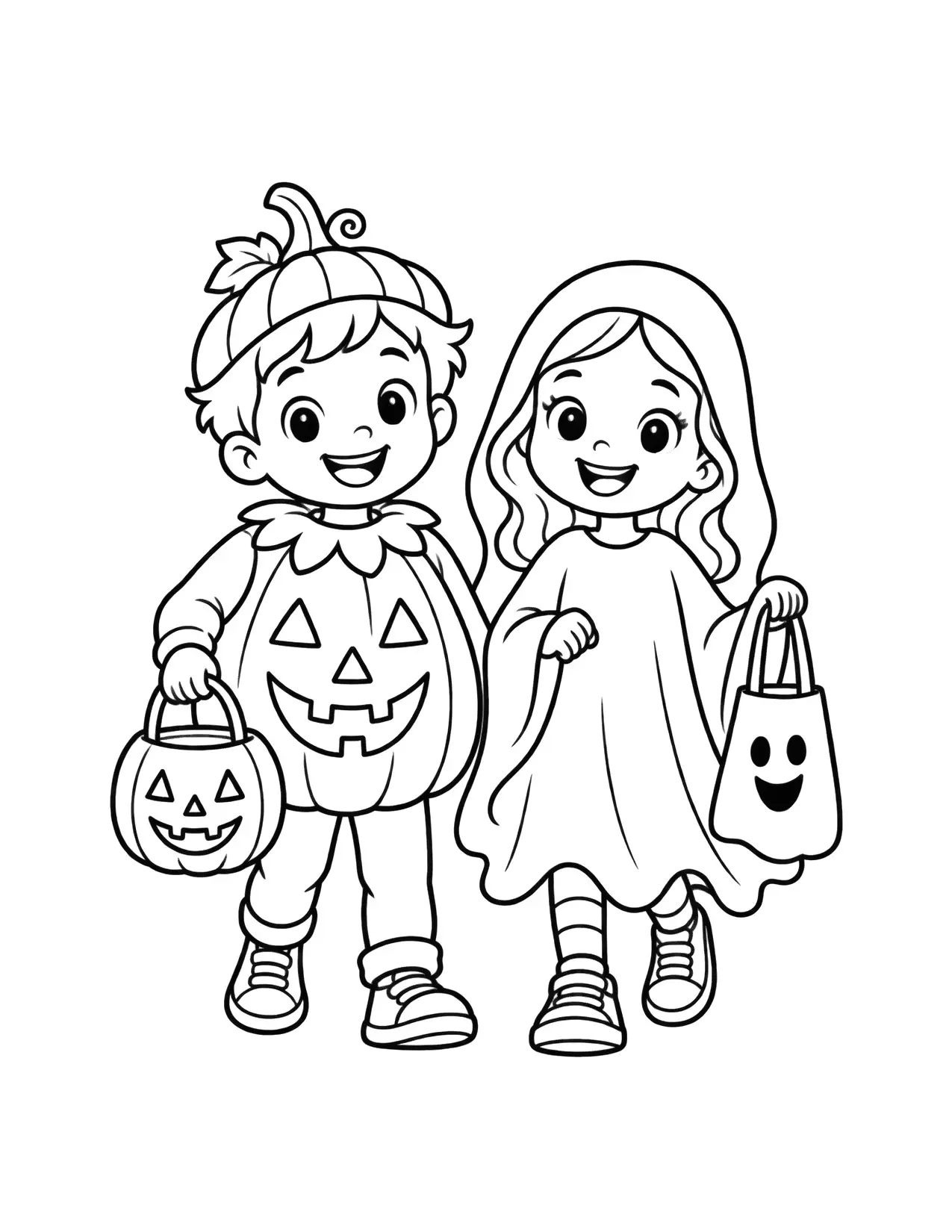 Halloween coloring page of children in costumes going trick-or-treating