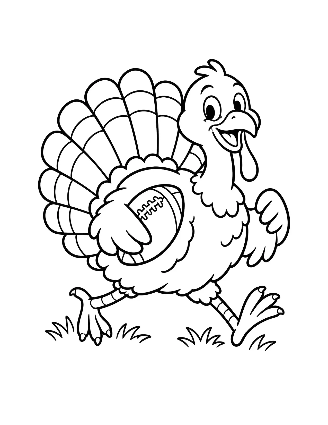 Thanksgiving coloring page of a cute turkey playing football