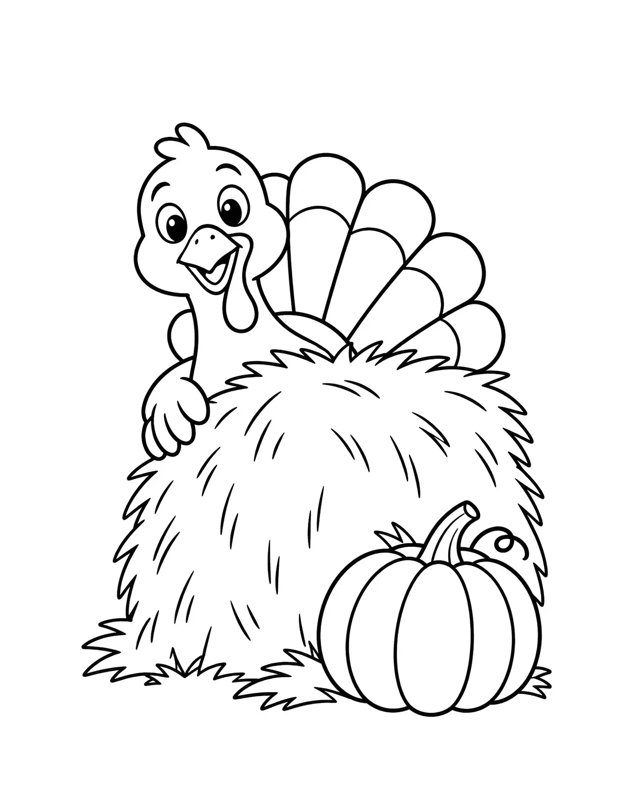Thanksgiving coloring page of a turkey peeking out from behind a haystack