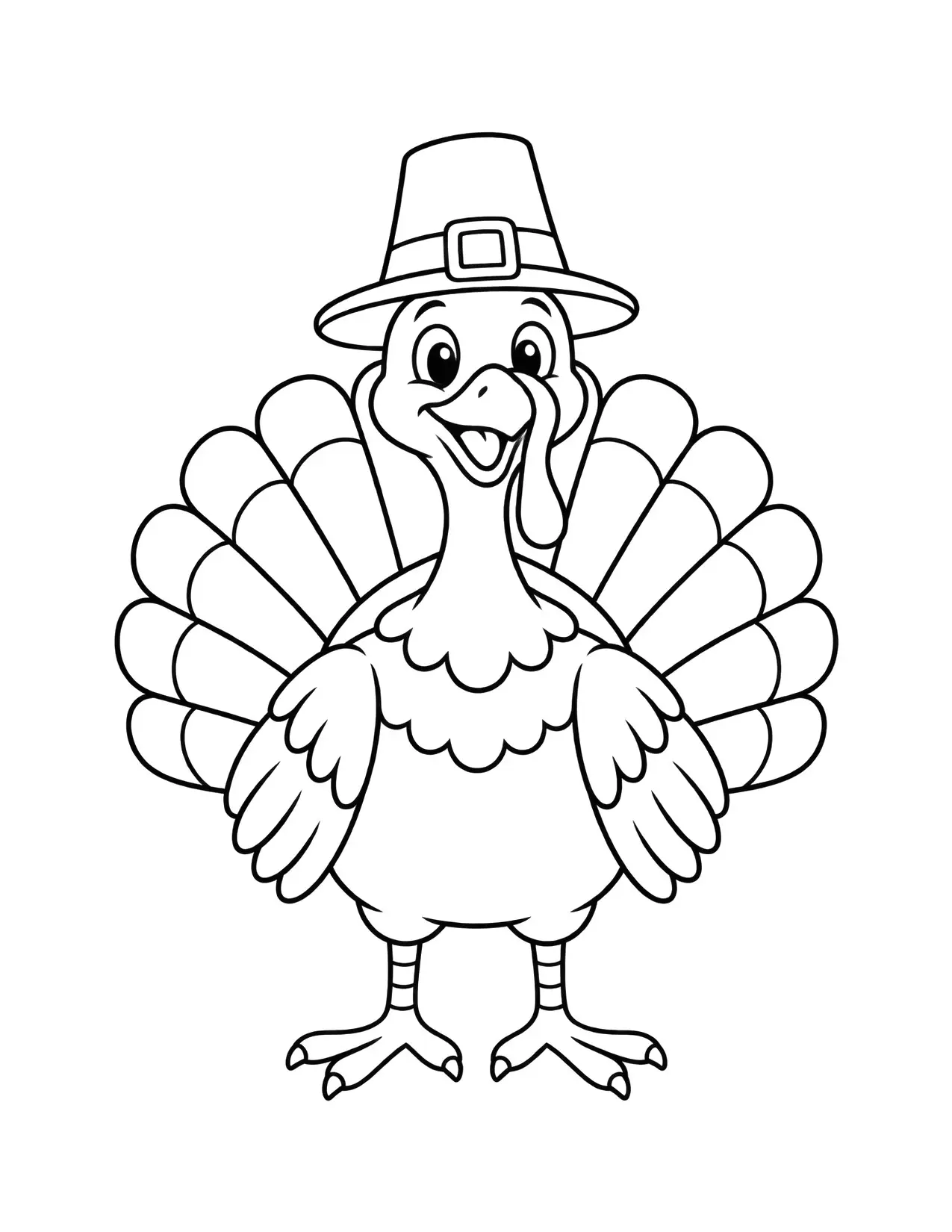Thanksgiving coloring page of a happy turkey wearing a pilgrim hat