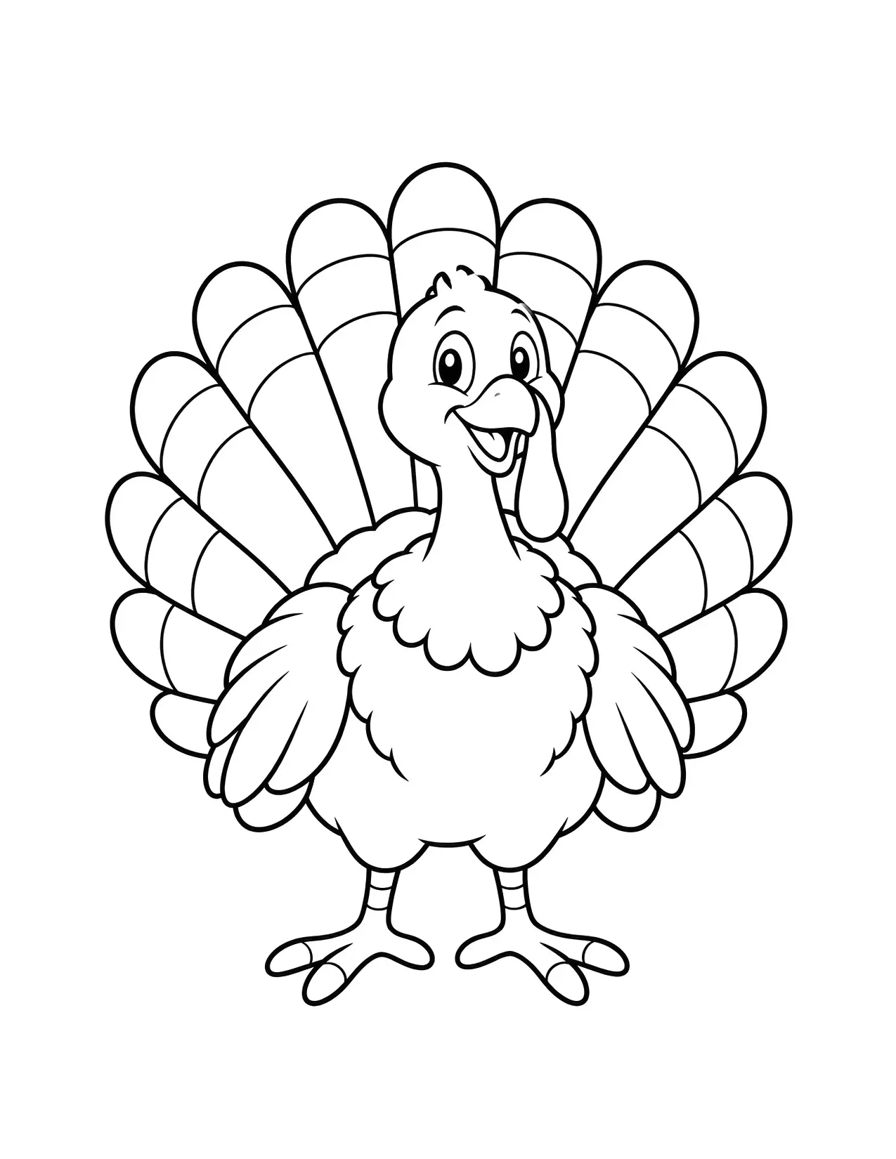 Thanksgiving coloring page of a happy turkey with a fanned tail