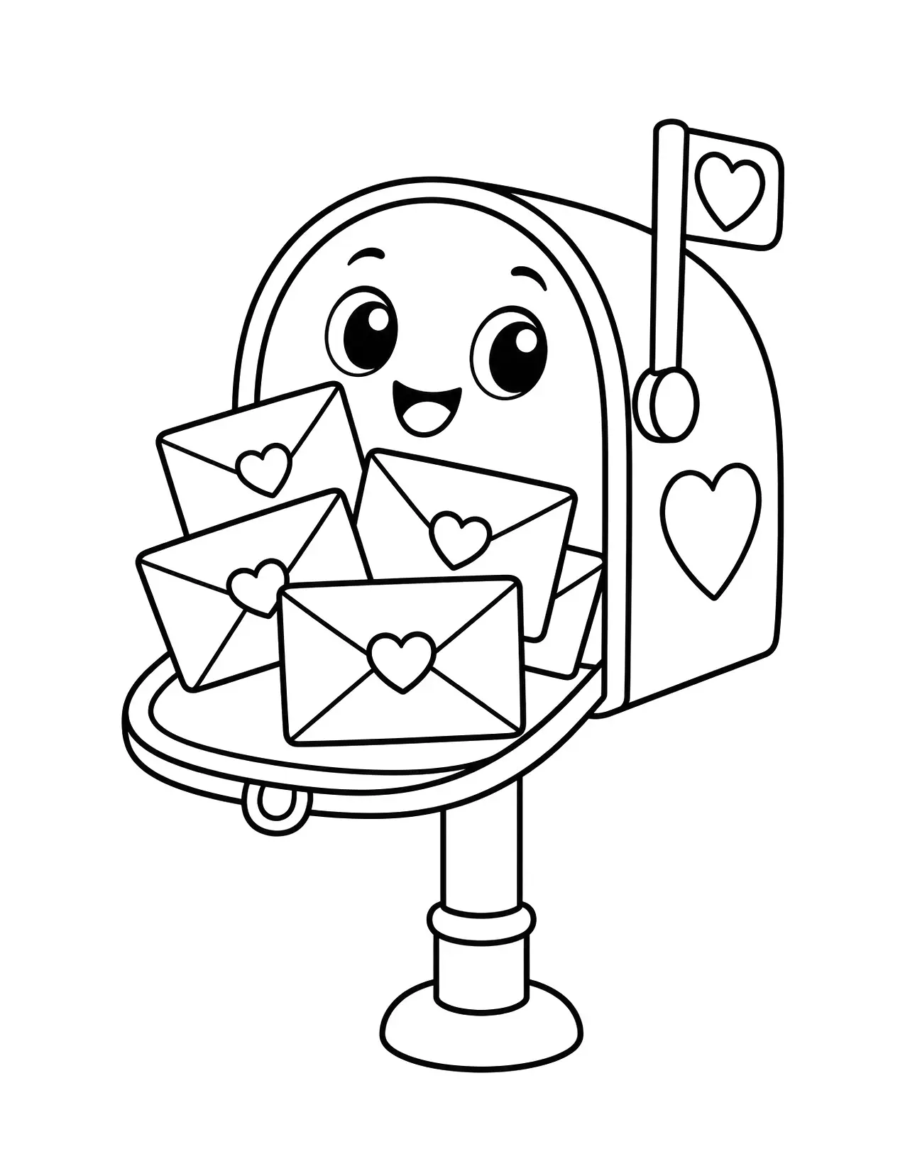 Valentine's Day coloring page of a mailbox full of envelopes sealed with hearts
