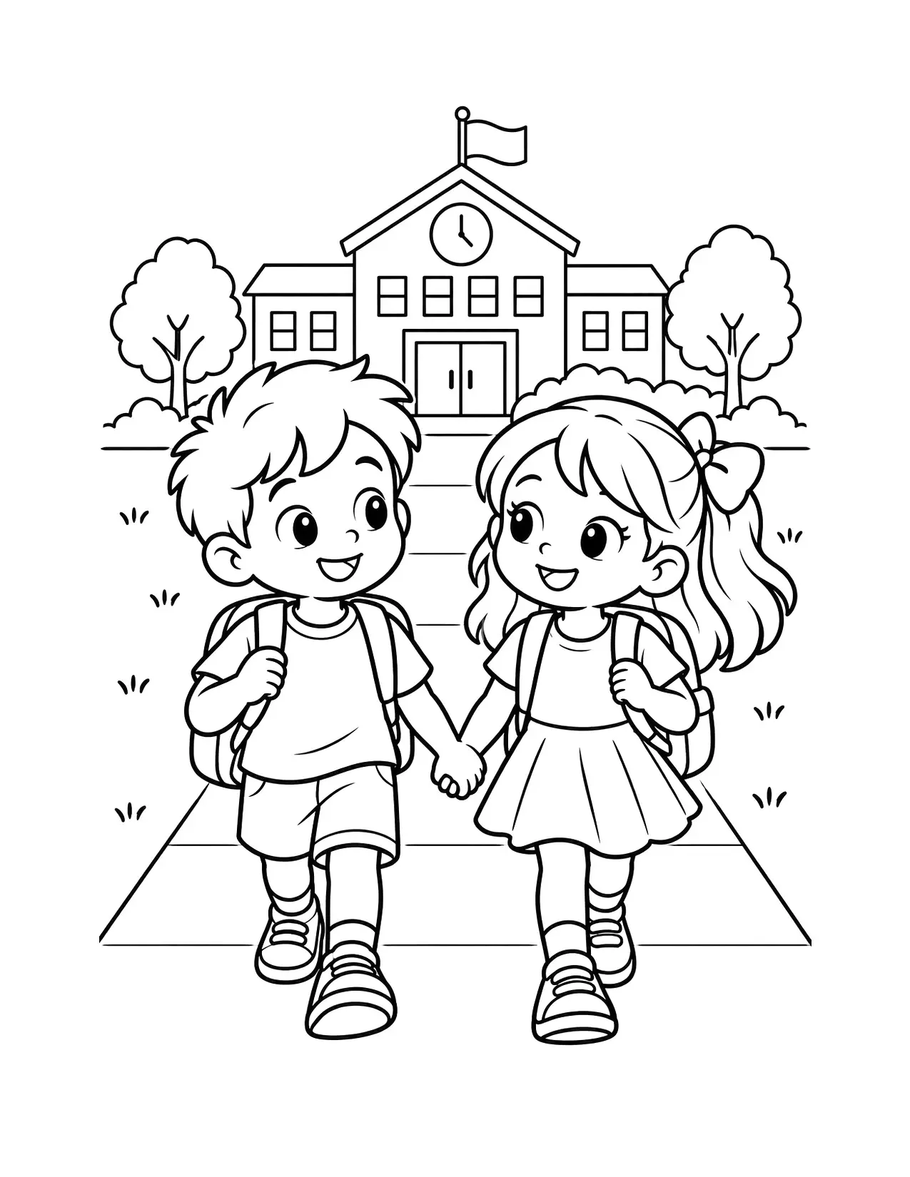 Back to school coloring page of two kids with backpacks holding hands on the way to school