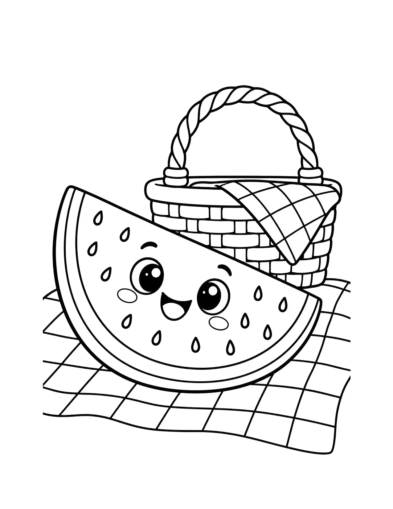4th of July coloring page of a slice of watermelon and a picnic basket on a checkered blanket
