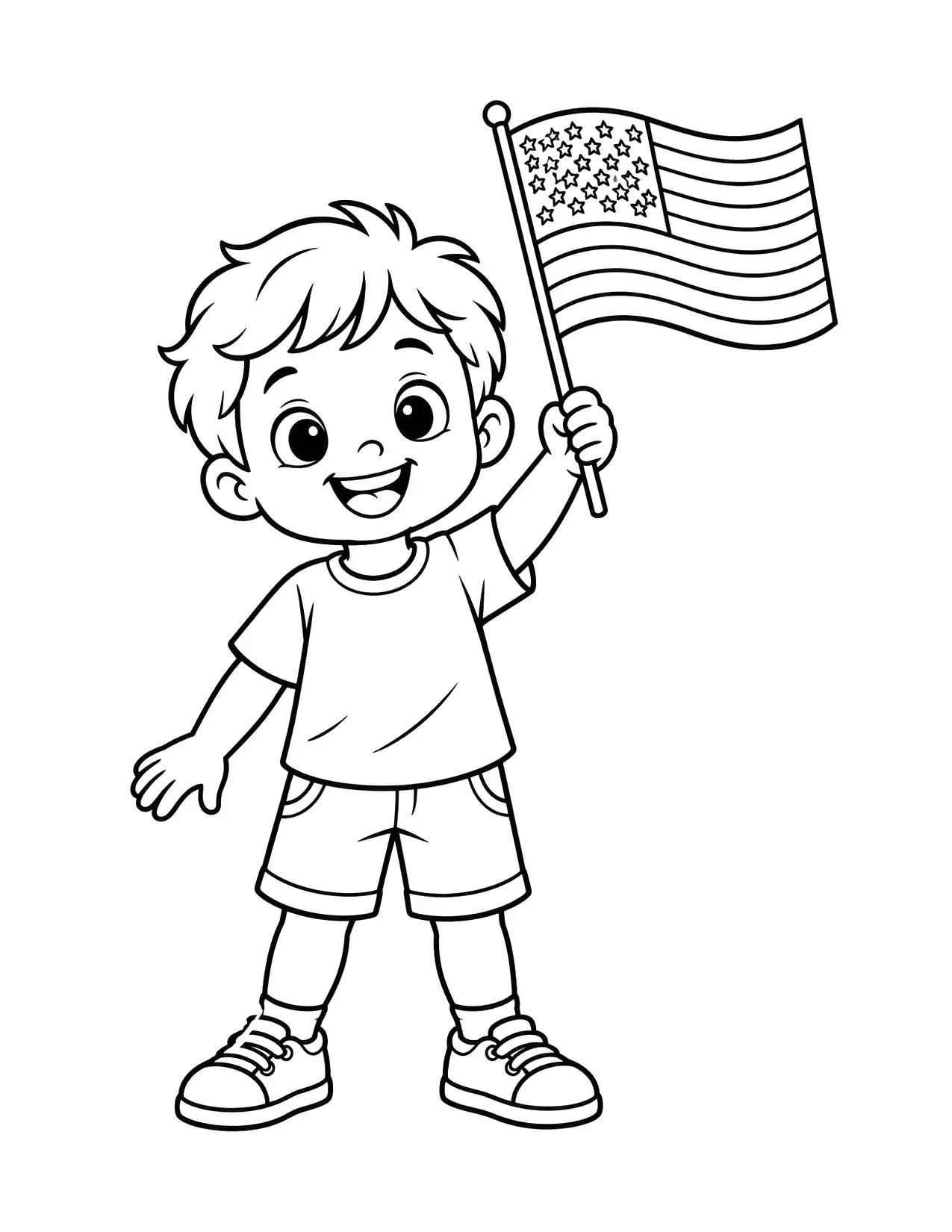4th of July coloring page of a smiling kid waving a small American flag
