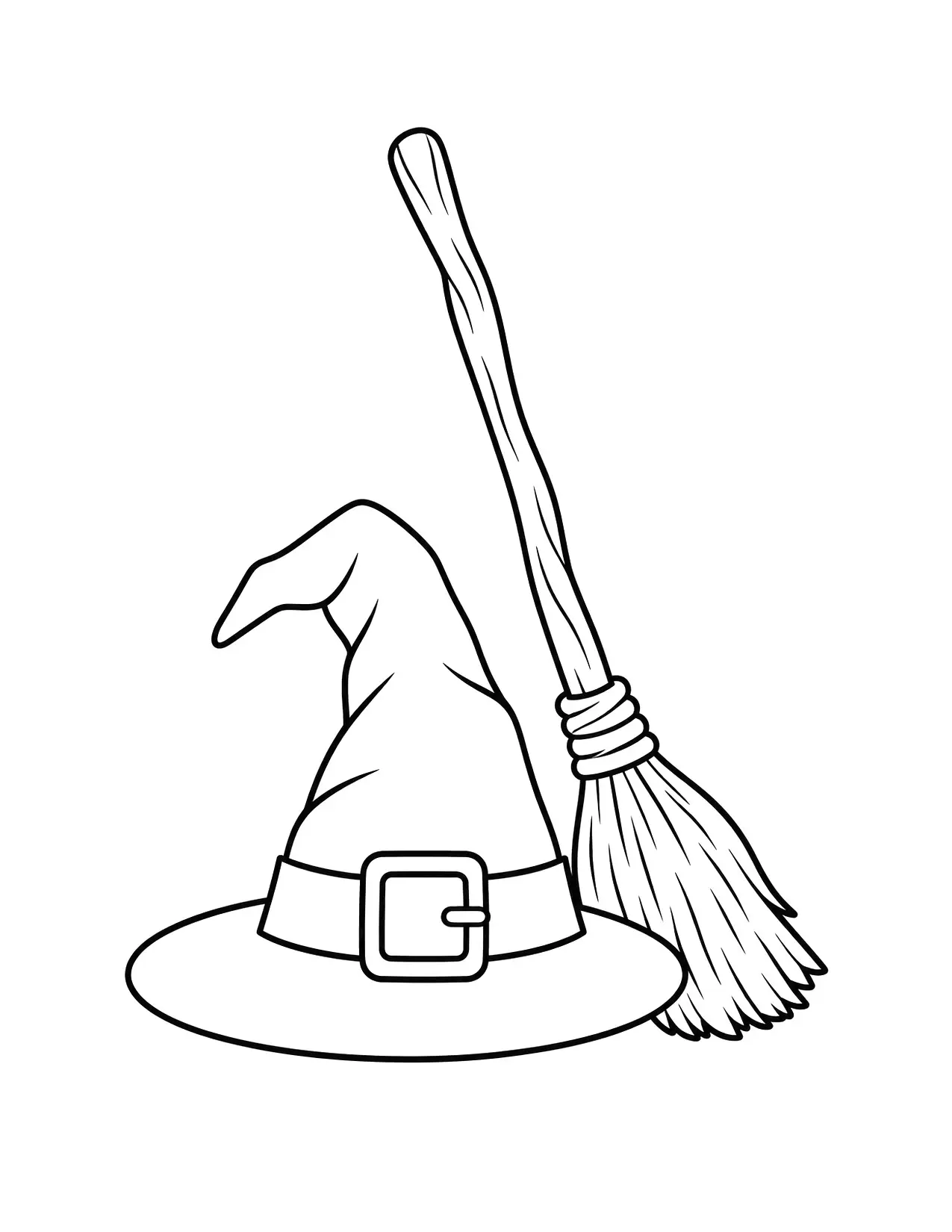 Halloween coloring page of a witch hat and a broomstick