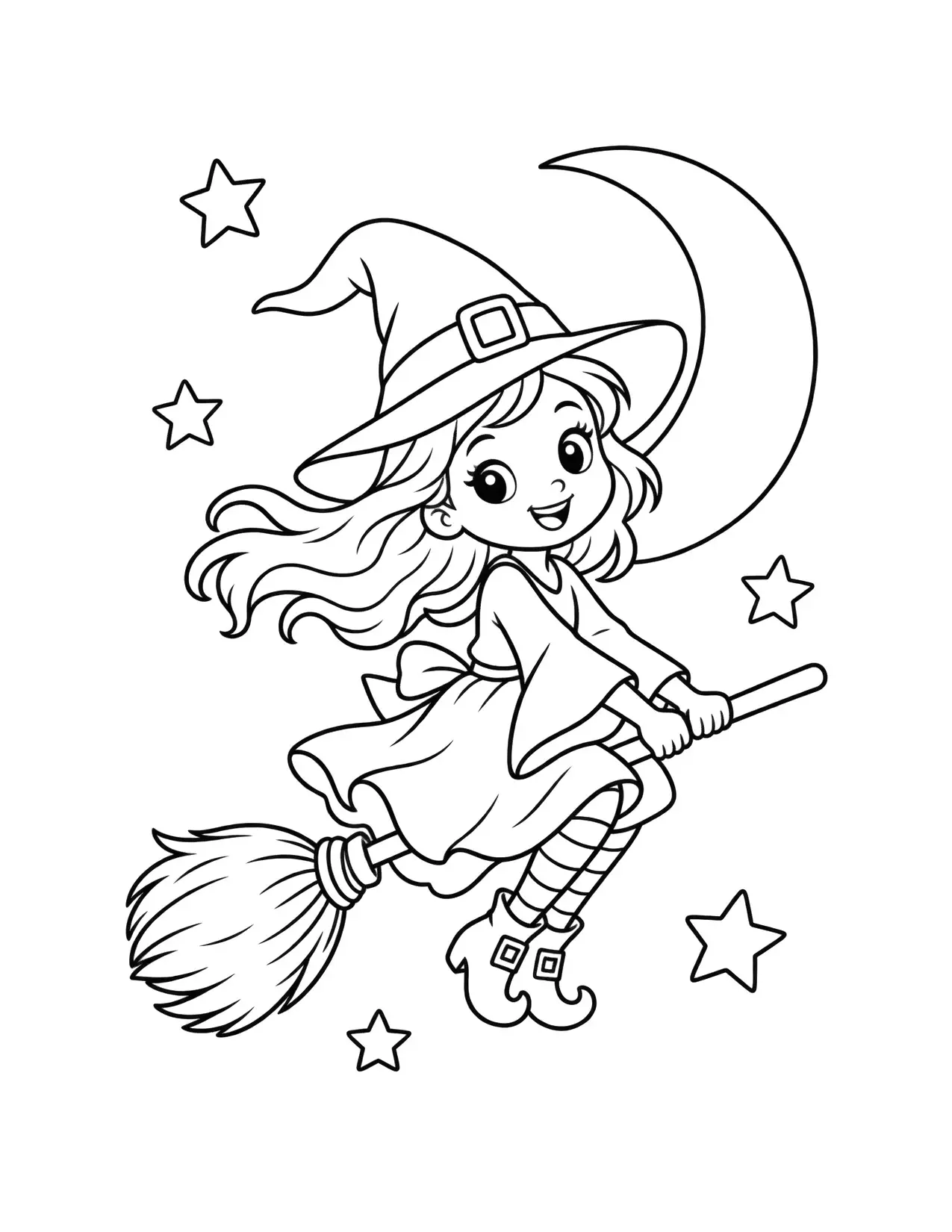 Halloween coloring page of a smiling little witch flying on a broomstick past the moon